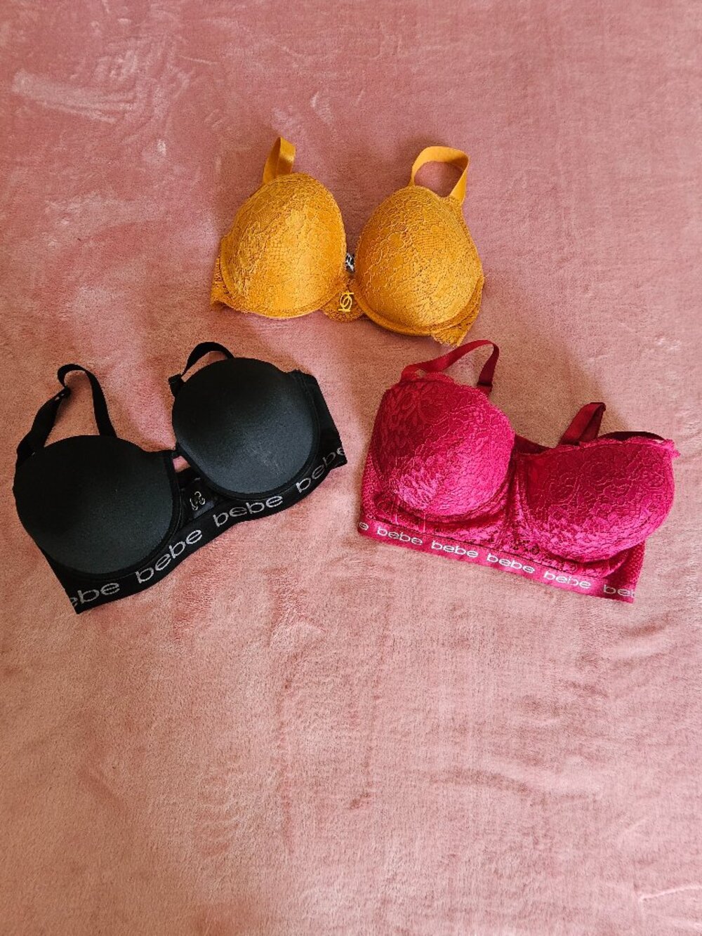 Bebe Strapless Push-Up Bra- Trio - Golden Mustard, Fuchsia & Black - Size 34DD